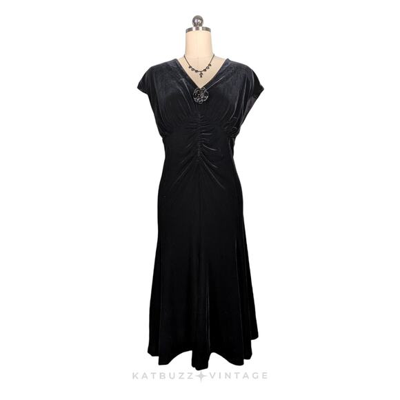 Vintage Talbots Velvet Midi Dress 16W Black 90S Cocktail Evening Holiday Glam - Picture 1 of 11